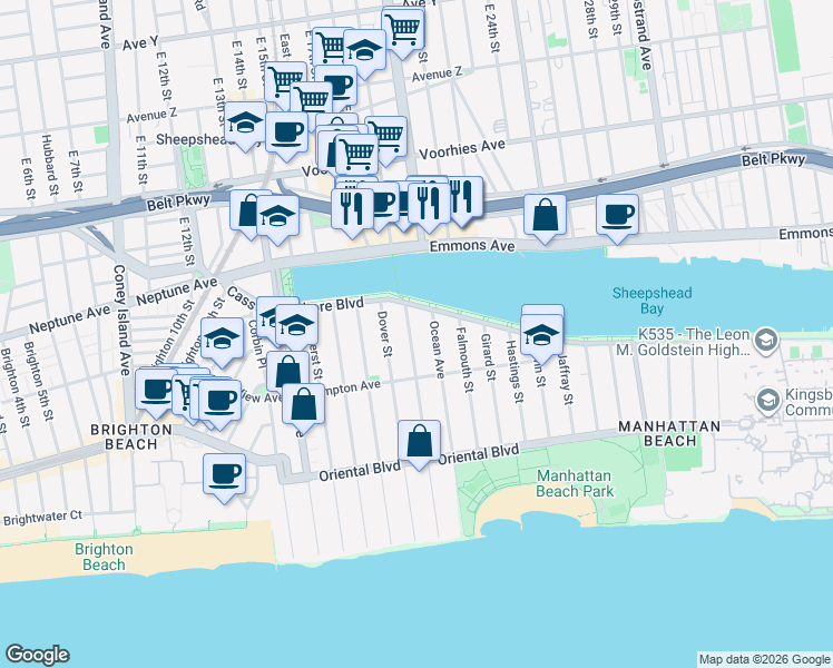 map of restaurants, bars, coffee shops, grocery stores, and more near 33 Exeter Street in Brooklyn
