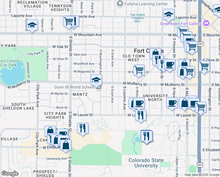 map of restaurants, bars, coffee shops, grocery stores, and more near 511 South Grant Avenue in Fort Collins