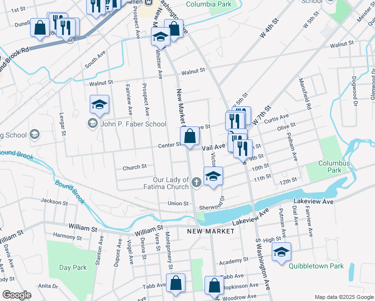 map of restaurants, bars, coffee shops, grocery stores, and more near New Market Road & Vail Avenue in Piscataway Township
