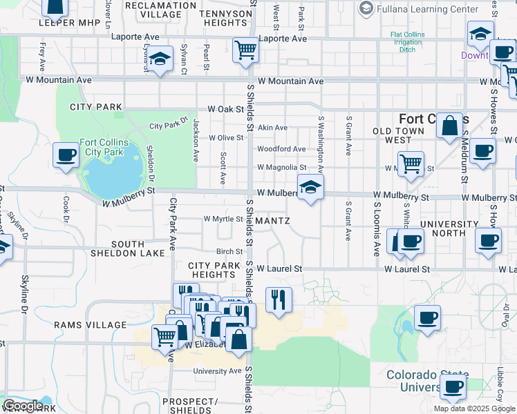 map of restaurants, bars, coffee shops, grocery stores, and more near 515 South Shields Street in Fort Collins