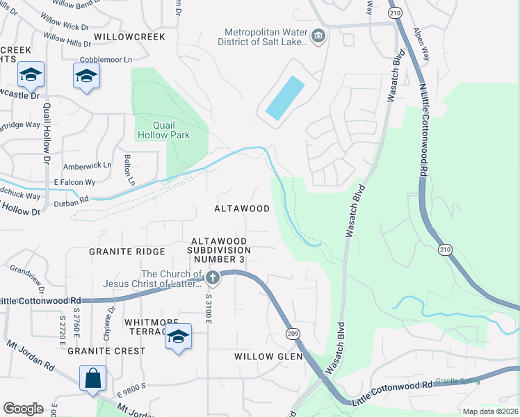 map of restaurants, bars, coffee shops, grocery stores, and more near 17 Altawood Lane in Sandy