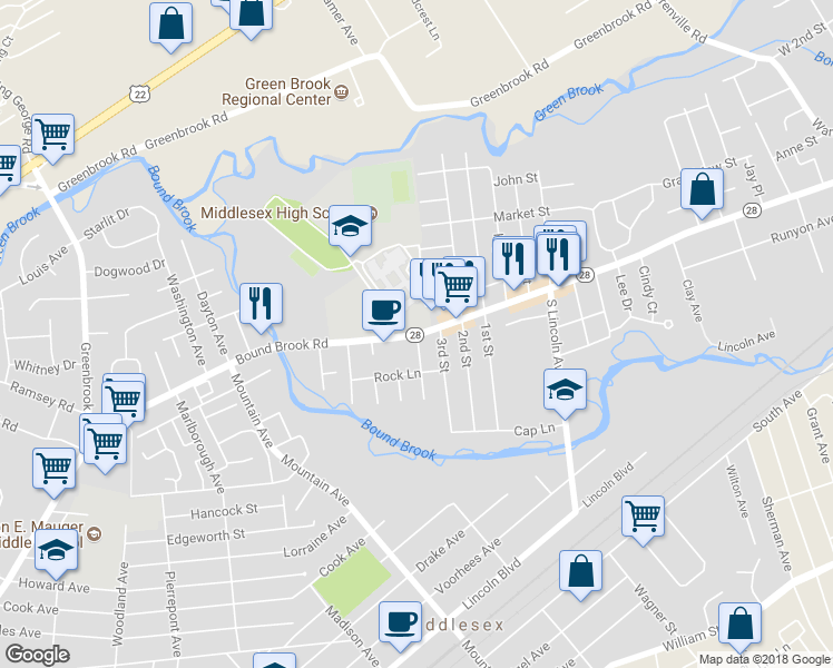 map of restaurants, bars, coffee shops, grocery stores, and more near Bound Brook Road & 4th Street in Middlesex