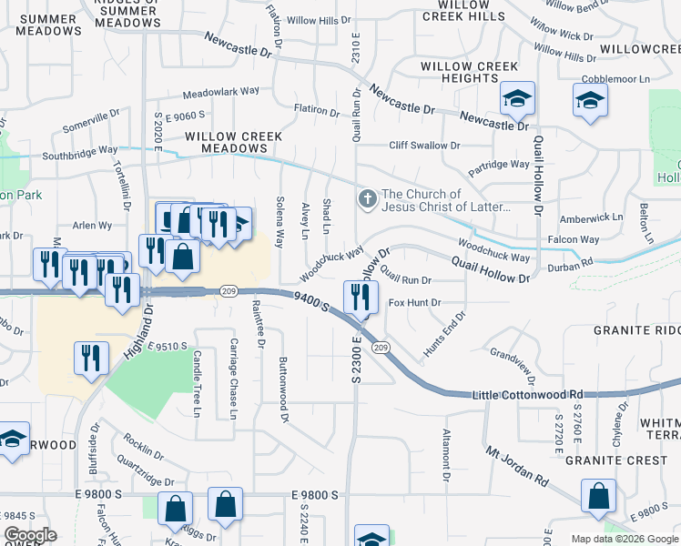 map of restaurants, bars, coffee shops, grocery stores, and more near 2285 Blossomwood Circle in Sandy