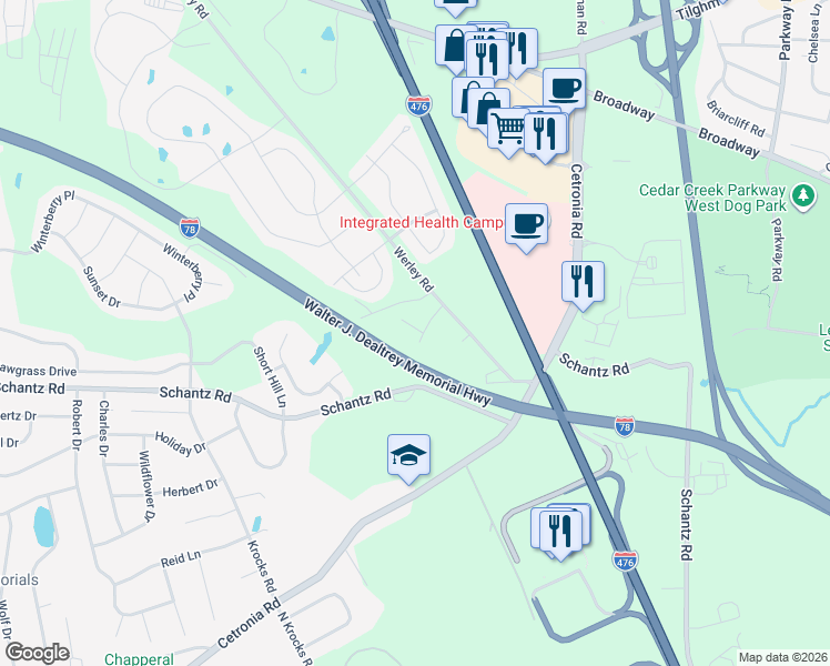 map of restaurants, bars, coffee shops, grocery stores, and more near Walter J. Dealtrey Memorial Highway in Allentown