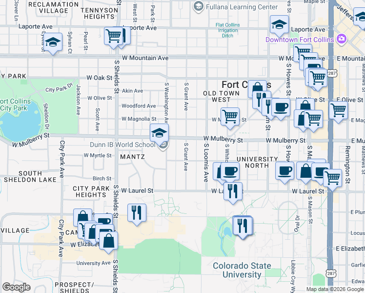 map of restaurants, bars, coffee shops, grocery stores, and more near 511 South Grant Avenue in Fort Collins