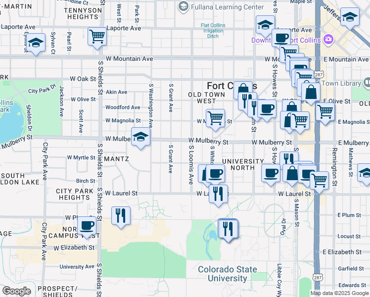 map of restaurants, bars, coffee shops, grocery stores, and more near 515 South Loomis Avenue in Fort Collins