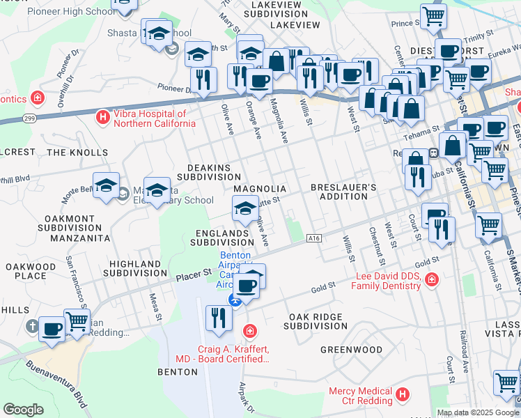 map of restaurants, bars, coffee shops, grocery stores, and more near 2405 Butte Street in Redding
