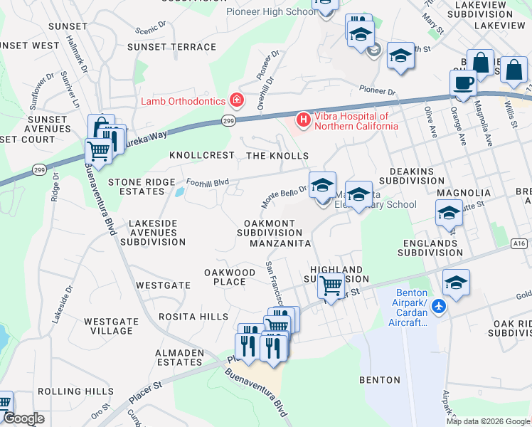 map of restaurants, bars, coffee shops, grocery stores, and more near 3330 Stratford Avenue in Redding