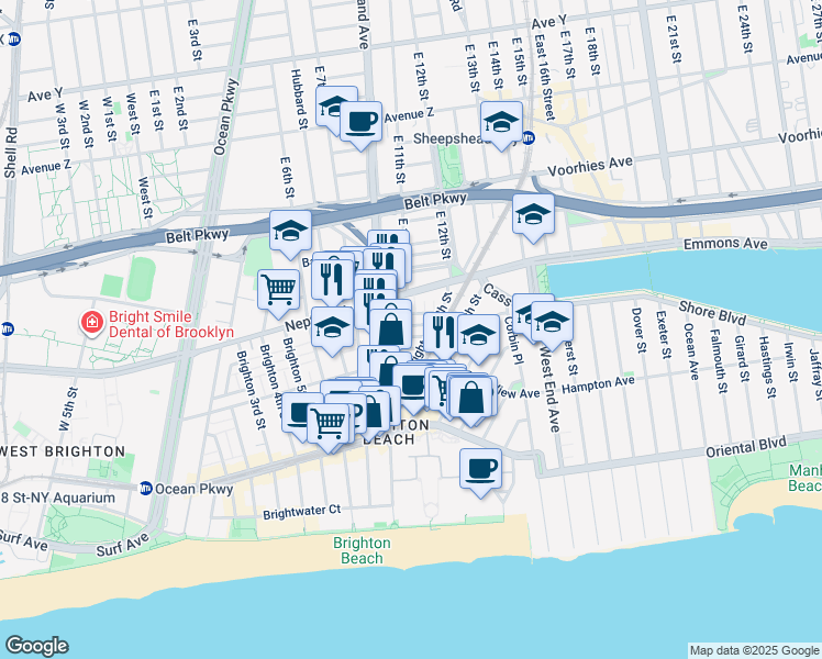 map of restaurants, bars, coffee shops, grocery stores, and more near 5 Brighton 10th Terrace in Brooklyn