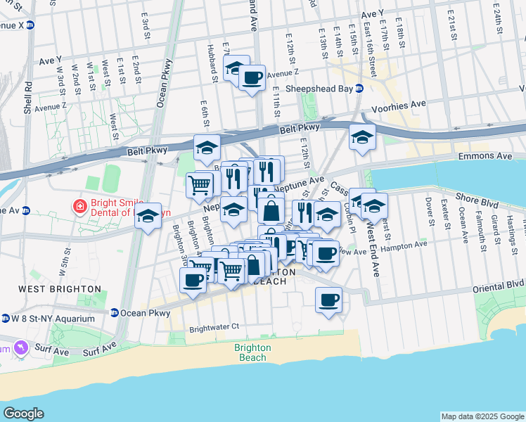 map of restaurants, bars, coffee shops, grocery stores, and more near 18 Brighton 8th Place in Brooklyn