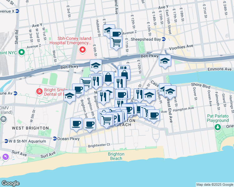 map of restaurants, bars, coffee shops, grocery stores, and more near 18 Brighton 8th Place in Brooklyn
