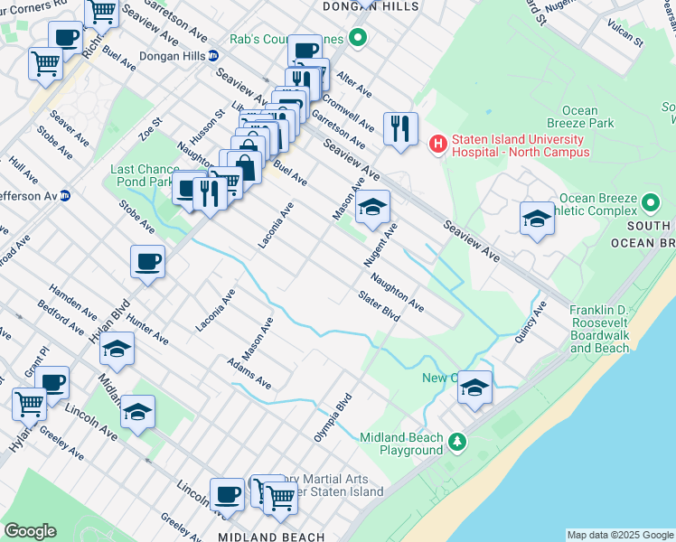 map of restaurants, bars, coffee shops, grocery stores, and more near 185 Slater Boulevard in Staten Island