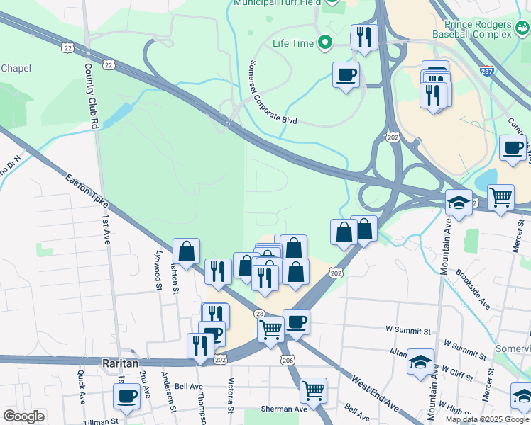 map of restaurants, bars, coffee shops, grocery stores, and more near 14 Tunison Lane in Bridgewater Township
