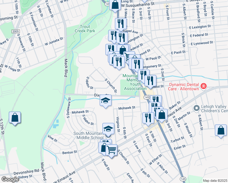 map of restaurants, bars, coffee shops, grocery stores, and more near 629 Dixon Street in Allentown