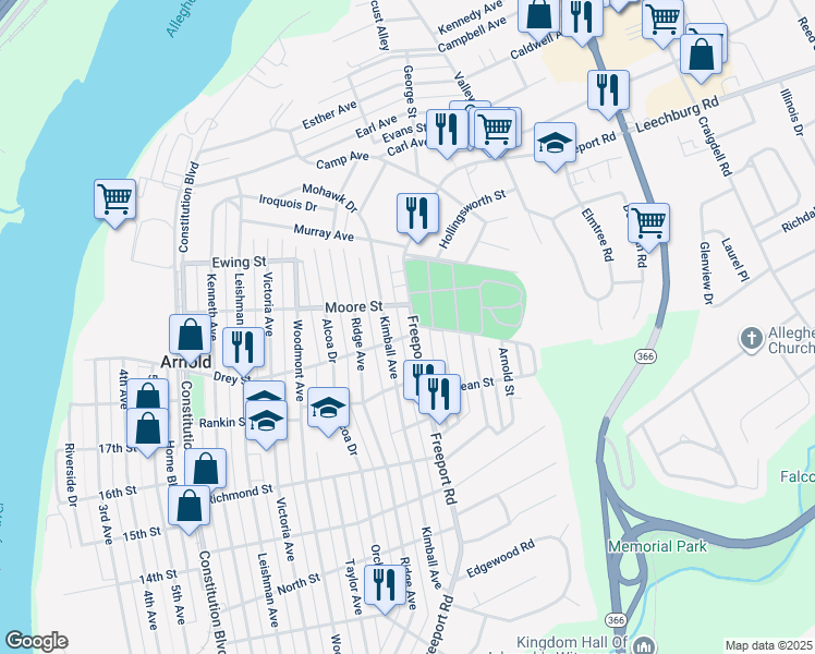 map of restaurants, bars, coffee shops, grocery stores, and more near 1903 Freeport Road in New Kensington