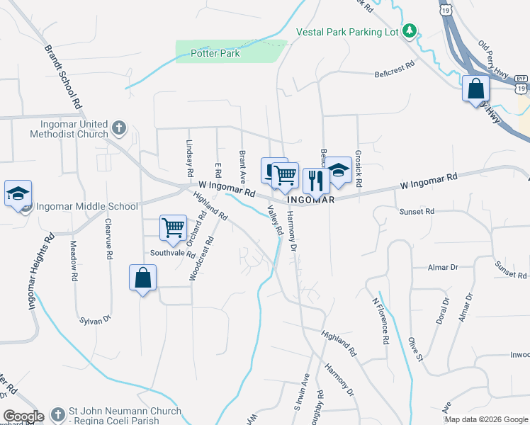 map of restaurants, bars, coffee shops, grocery stores, and more near 9605 Valley Road in Pittsburgh