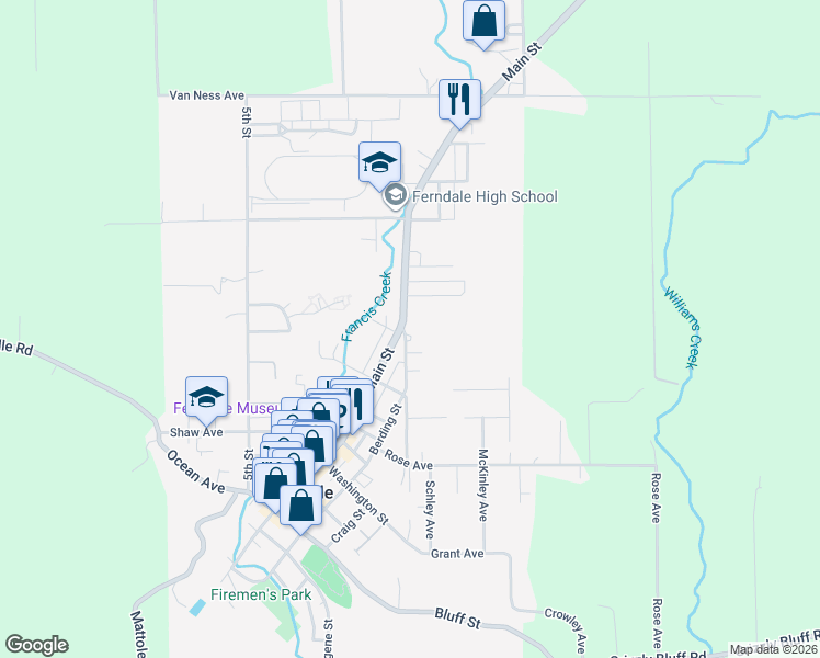 map of restaurants, bars, coffee shops, grocery stores, and more near in Ferndale