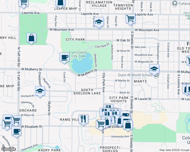 map of restaurants, bars, coffee shops, grocery stores, and more near 1500 Lakeside Avenue in Fort Collins