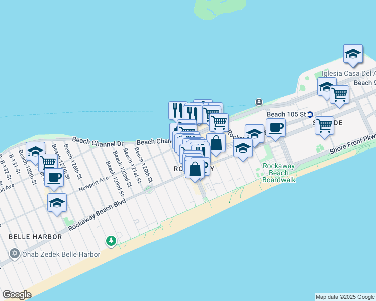 map of restaurants, bars, coffee shops, grocery stores, and more near 260 Beach 116th Street in Queens