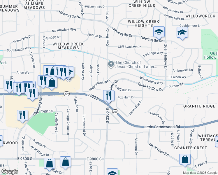 map of restaurants, bars, coffee shops, grocery stores, and more near 2329 East Woodchuck Circle in Sandy
