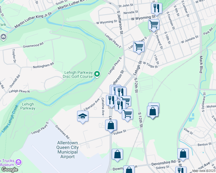 map of restaurants, bars, coffee shops, grocery stores, and more near 1488 South Jefferson Street in Allentown