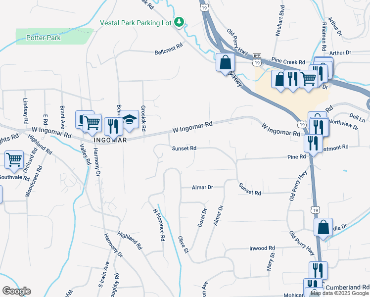 map of restaurants, bars, coffee shops, grocery stores, and more near 394 Sunset Road in Pittsburgh