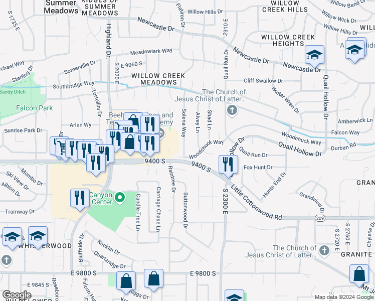 map of restaurants, bars, coffee shops, grocery stores, and more near 9363 Solena Way in Sandy