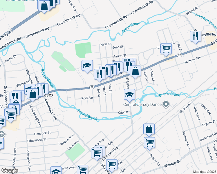 map of restaurants, bars, coffee shops, grocery stores, and more near 221 1st Street in Middlesex