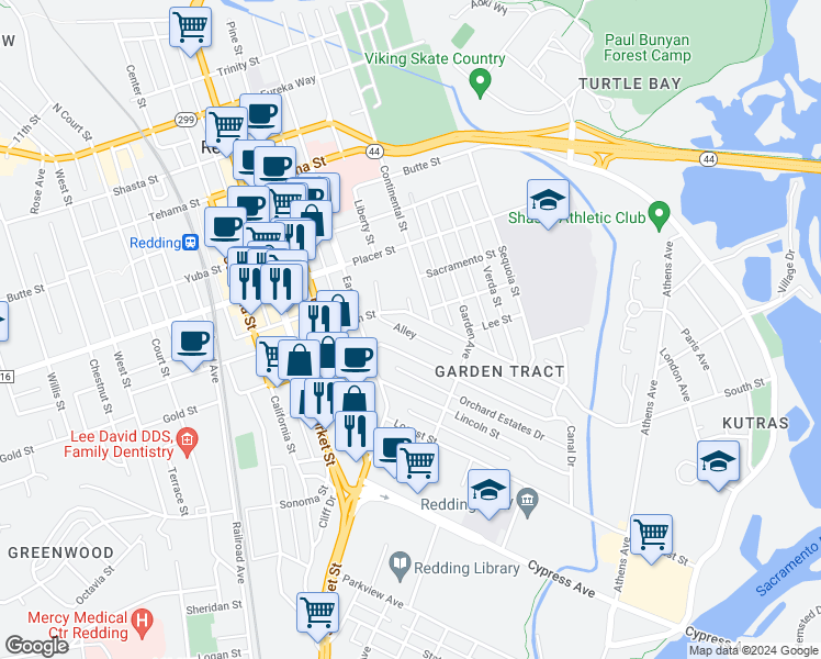 map of restaurants, bars, coffee shops, grocery stores, and more near 1035 South Street in Redding