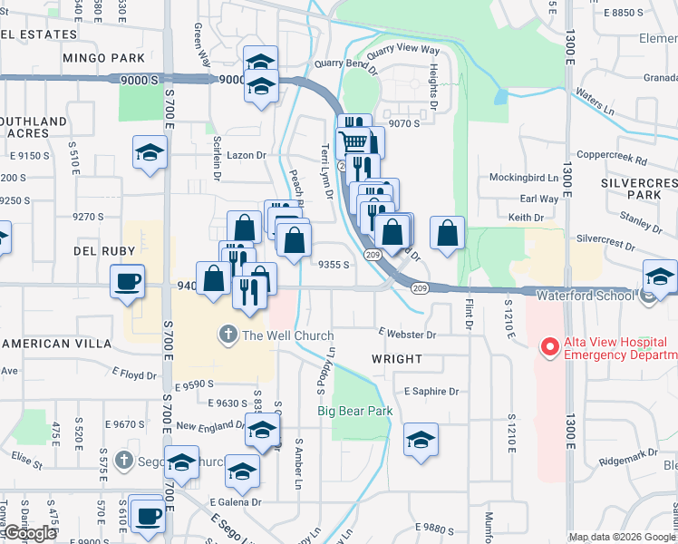 map of restaurants, bars, coffee shops, grocery stores, and more near 958 Peach Blossom Drive in Sandy