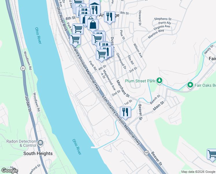 map of restaurants, bars, coffee shops, grocery stores, and more near 238 Park Road in Ambridge