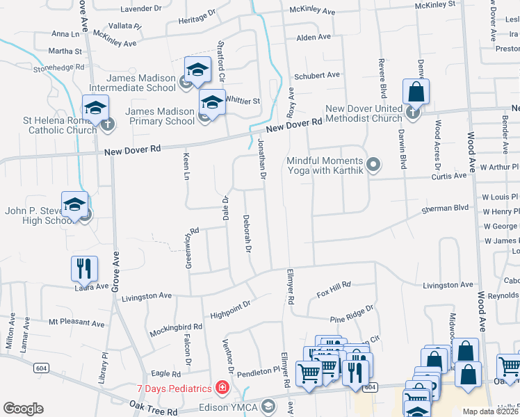 map of restaurants, bars, coffee shops, grocery stores, and more near 24 Deborah Drive in Edison