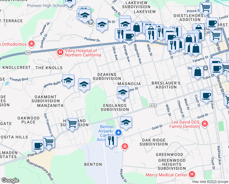 map of restaurants, bars, coffee shops, grocery stores, and more near 2602 Butte Street in Redding