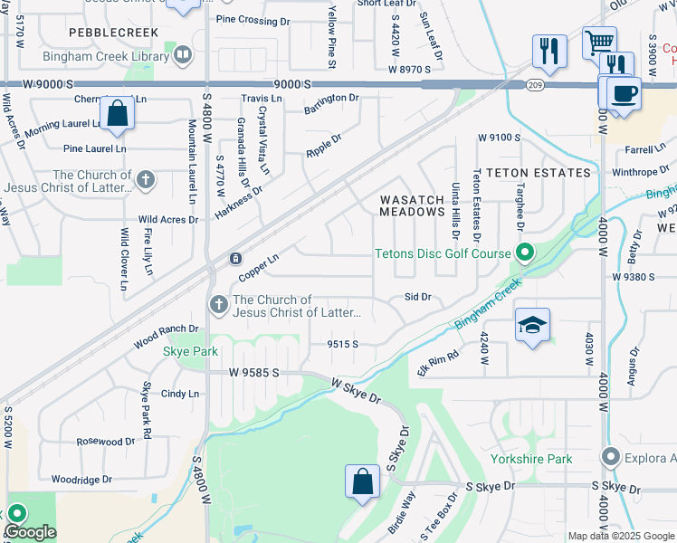 map of restaurants, bars, coffee shops, grocery stores, and more near 4532 9380 South in West Jordan