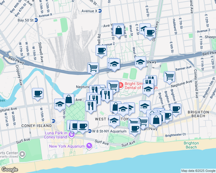 map of restaurants, bars, coffee shops, grocery stores, and more near 2790 West 5th Street in Brooklyn