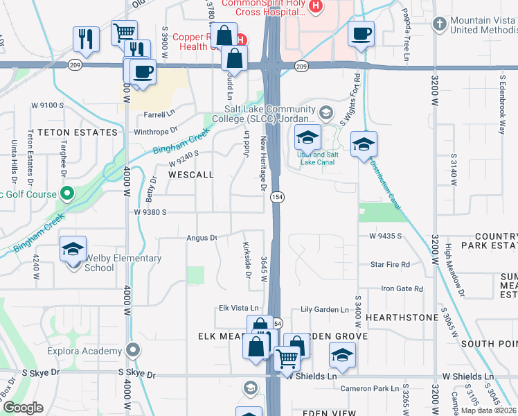 map of restaurants, bars, coffee shops, grocery stores, and more near 9366 New Heritage Drive in West Jordan