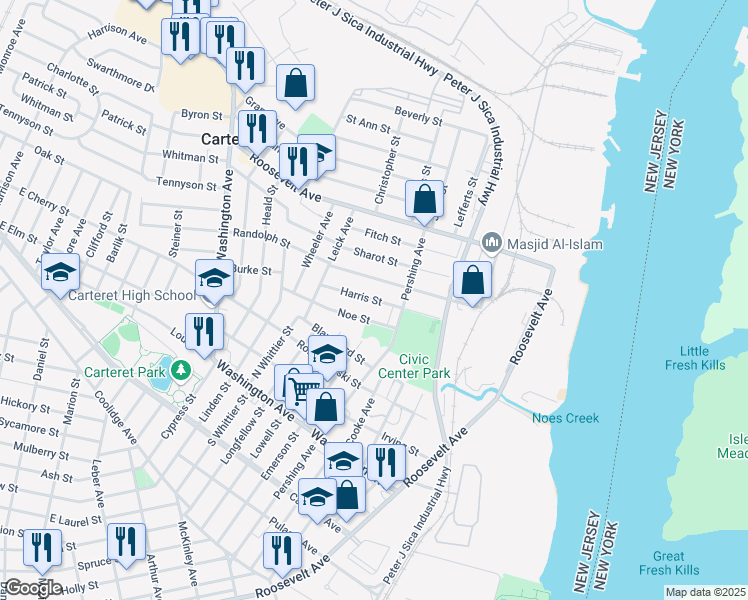 map of restaurants, bars, coffee shops, grocery stores, and more near 18 Harris Street in Carteret