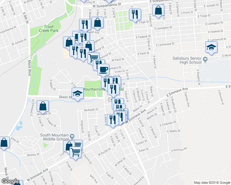 map of restaurants, bars, coffee shops, grocery stores, and more near 1841 South 4th Street in Allentown