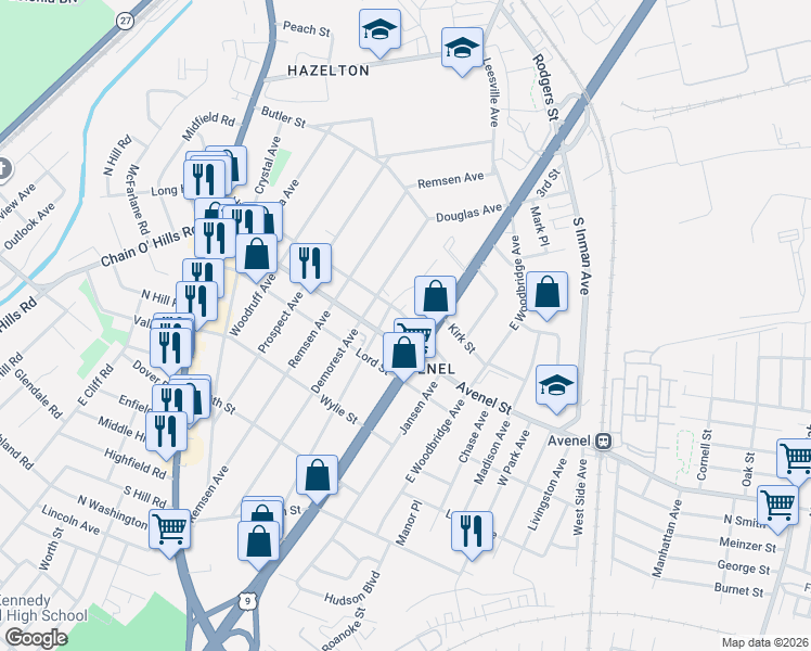 map of restaurants, bars, coffee shops, grocery stores, and more near 380 Avenel Street in Woodbridge Township
