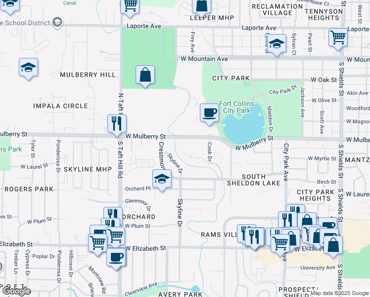 map of restaurants, bars, coffee shops, grocery stores, and more near 1848 Homer Drive in Fort Collins