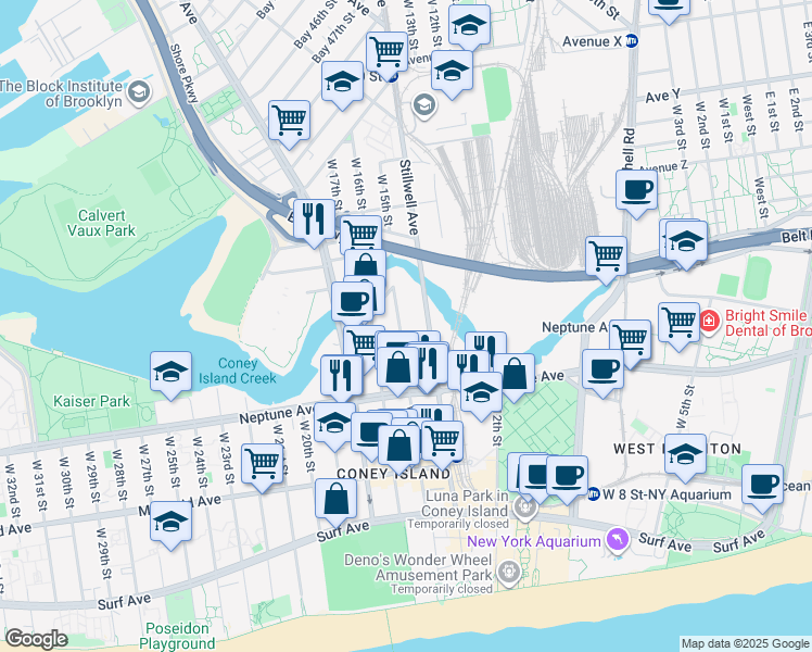map of restaurants, bars, coffee shops, grocery stores, and more near 2735 West 15th Street in Brooklyn