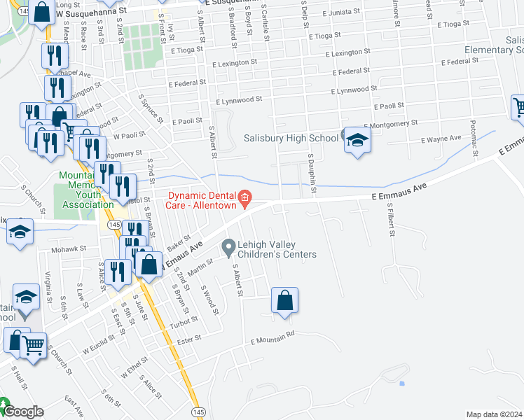 map of restaurants, bars, coffee shops, grocery stores, and more near 210 East Emmaus Avenue in Allentown