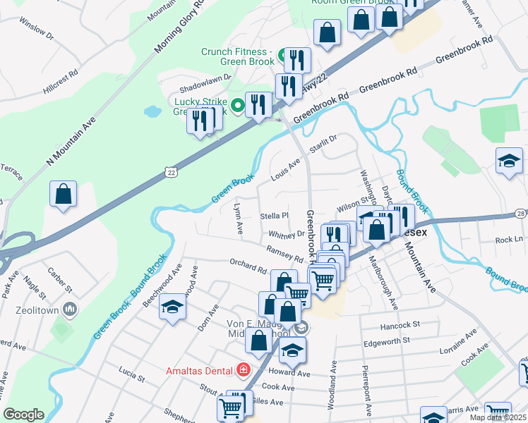 map of restaurants, bars, coffee shops, grocery stores, and more near 38 Stella Place in Middlesex