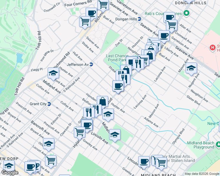 map of restaurants, bars, coffee shops, grocery stores, and more near 226 Hull Avenue in Staten Island