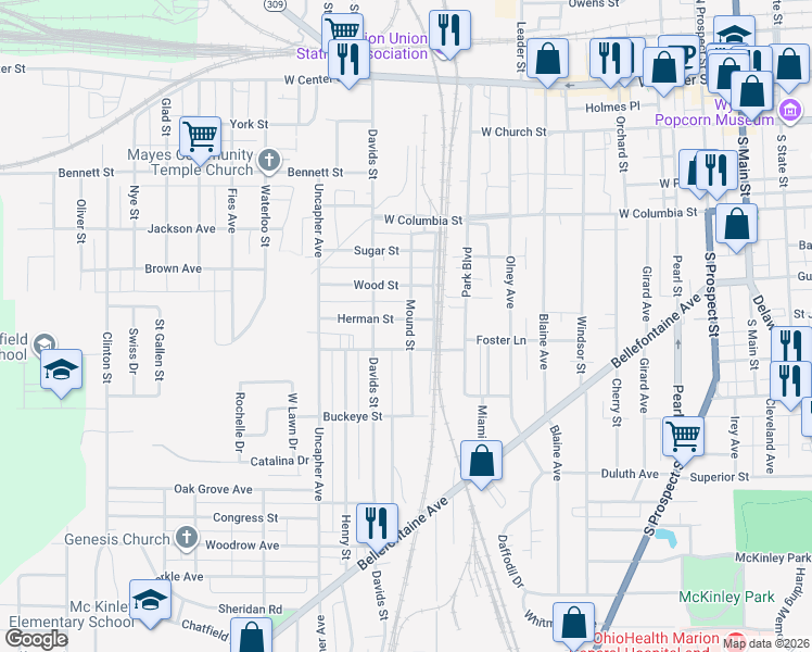 map of restaurants, bars, coffee shops, grocery stores, and more near 465 Mound Street in Marion