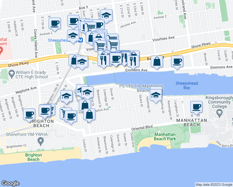 map of restaurants, bars, coffee shops, grocery stores, and more near 28 Exeter Street in Brooklyn
