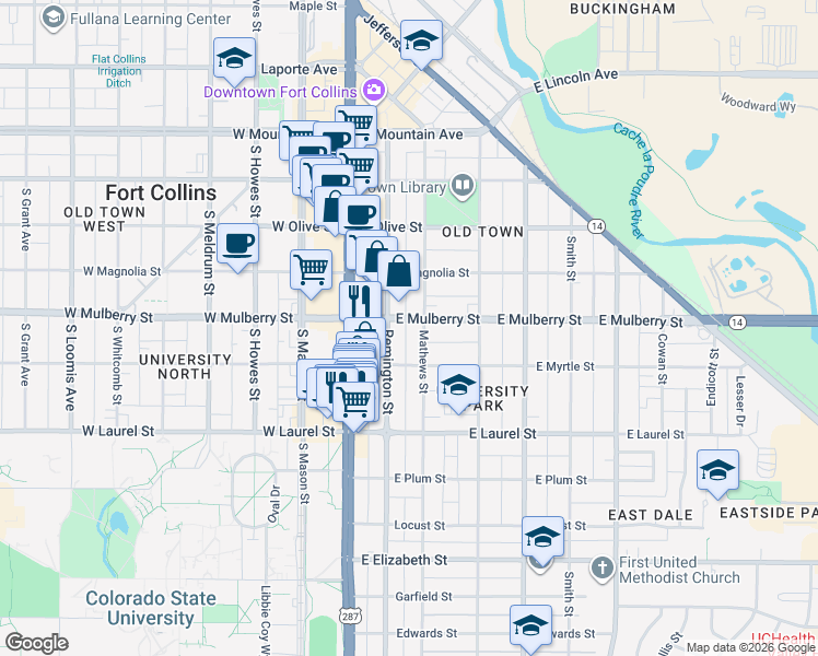 map of restaurants, bars, coffee shops, grocery stores, and more near 508 Remington Street in Fort Collins