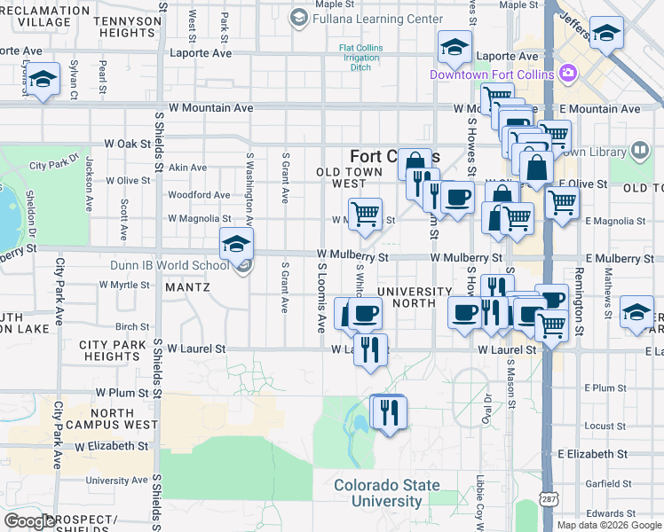 map of restaurants, bars, coffee shops, grocery stores, and more near 512 South Loomis Avenue in Fort Collins