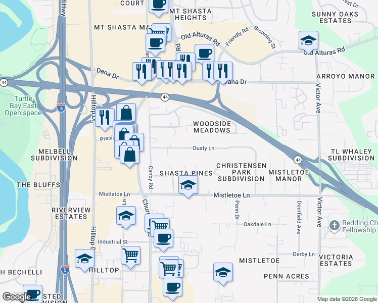 map of restaurants, bars, coffee shops, grocery stores, and more near 1130 Dusty Lane in Redding