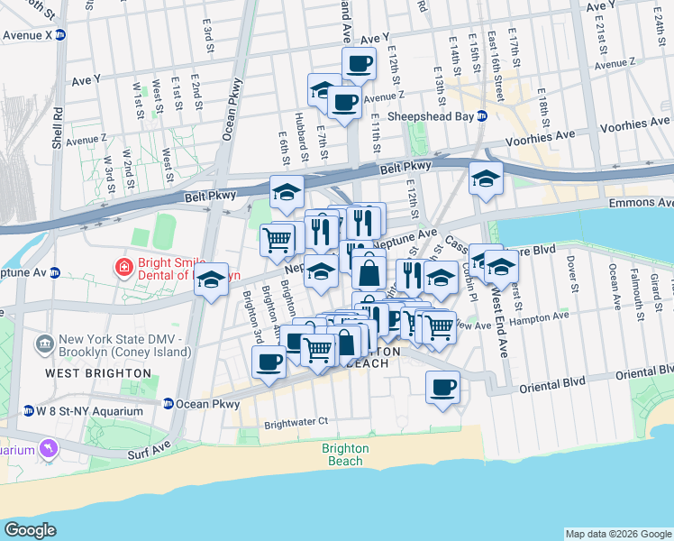 map of restaurants, bars, coffee shops, grocery stores, and more near 18 Brighton 8th Place in Brooklyn